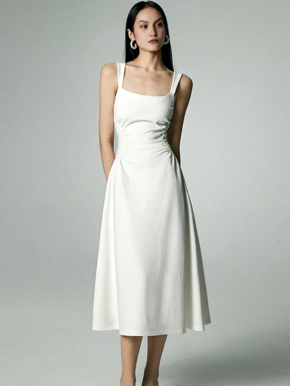 NWT FIBFLX Square Neck Midi Dress with Pleated Waist Off White Size M